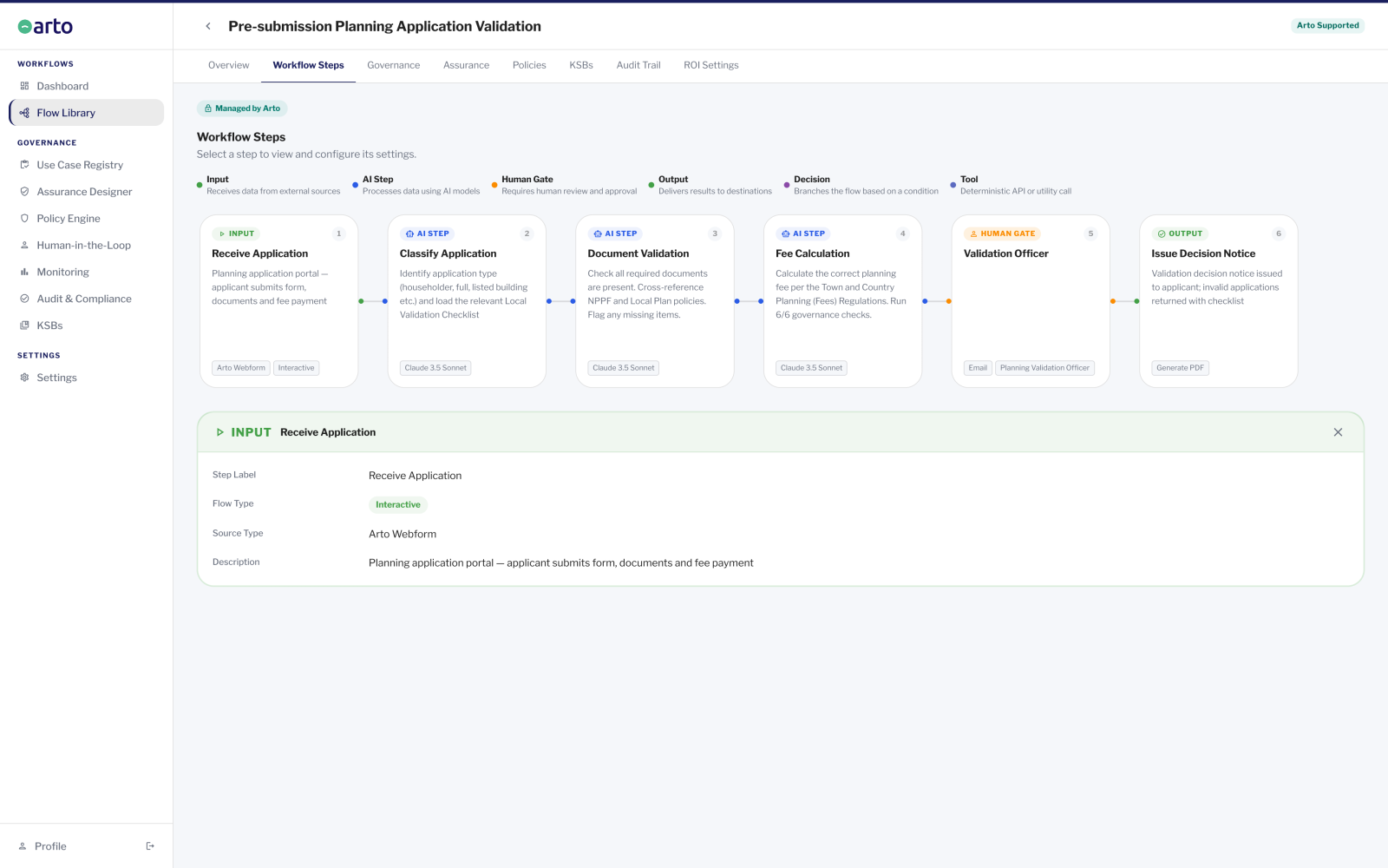 The Arto workflow library workflow steps screen is shows a workflow for a planning applications, with steps covering input, AI steps, human gate, output, decision and tool. The input step has been selected and is shown in full, with step label, flow type, source type and a description given.
